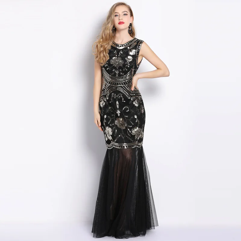 Sexy Dress Women O-neck Sleeveless Heavy Embroidery Sequins Long Beaded Floor-length Dresses Prom Gown Vestidos 4 Colors