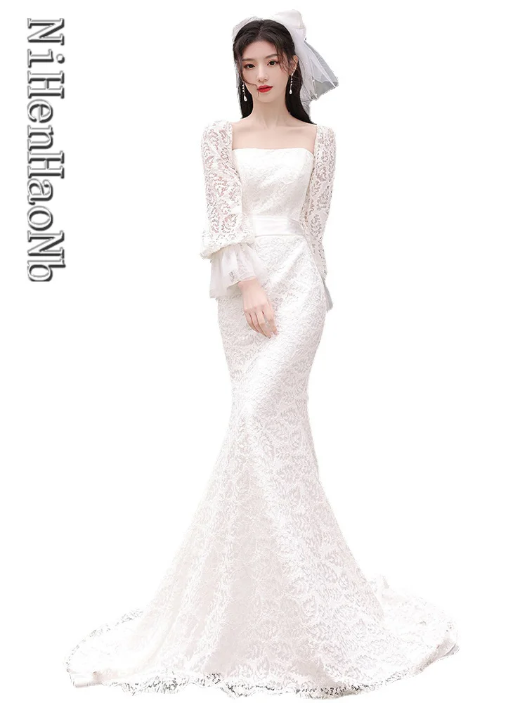 

French Style Mermaid Square Collar Vestido De Noiva Robe De Mariée Lace Up Lantern Sleeve Lace Wedding Dress