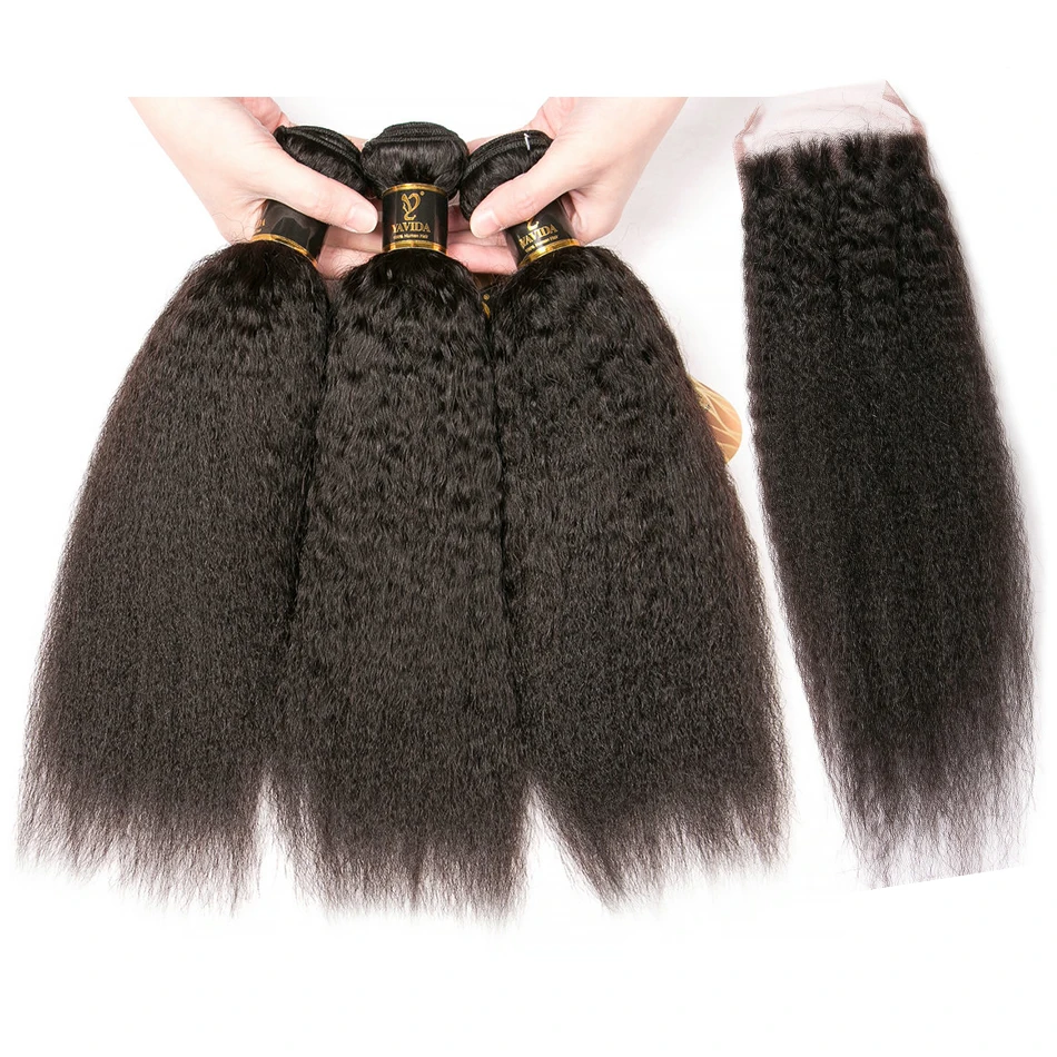 

Kinky Straight Malaysian Hair Weave Bundles With Closure 4x4 Hd Lace Closure With 3 Bundles Real Human Hair Pre-Plucked Hairline