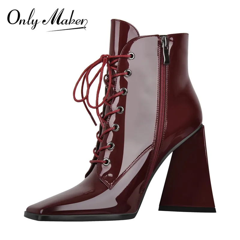 

Onlymaker Women Big Size Square Toe Patent Leather Triangle Chunky Heel Ankle Boots Cross-tied Decoration Side Zipper Booties