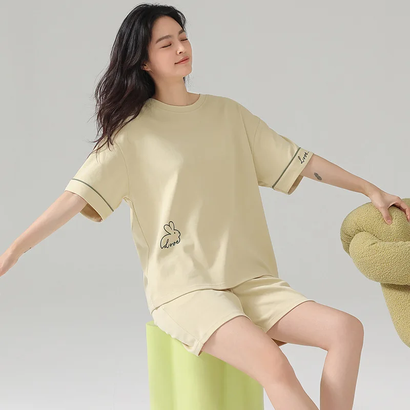 Pajamas Women's Summer Short-sleeved Shorts Round Neck Thin Section Simple Solid Color Can Wear Thin Home Service Suits Outside