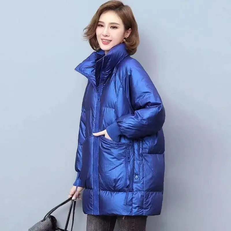 New Down Cotton Jackets Long Women's Parka Stand Collar Solid Winter Tops Loose High Quality Outwear Fashion Padded Casual Coats