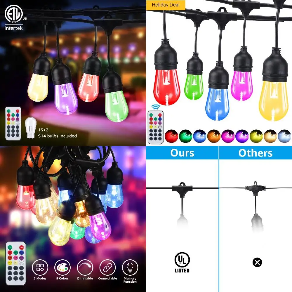 

50ft LED RGB Dimmable String Light, IP65 Waterproof & ETL listed, 15 Sockets with 17 High-quality Bulbs, 5 Years Warranty, Brigh