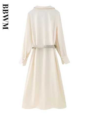 Women 2023 Fashion Solid Satin Shirt Style Dress With Belt Turn-down Collar Long Sleeve Office Chic Lady Dresses Vestidos Mujer