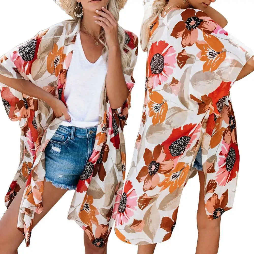 

2021 New Long Floral Chiffon Beach Cover Up Sexy Swimsuit Cover Ups Beach Dress Front Open Bikinis Hot Tunic Women Sarong Blouse