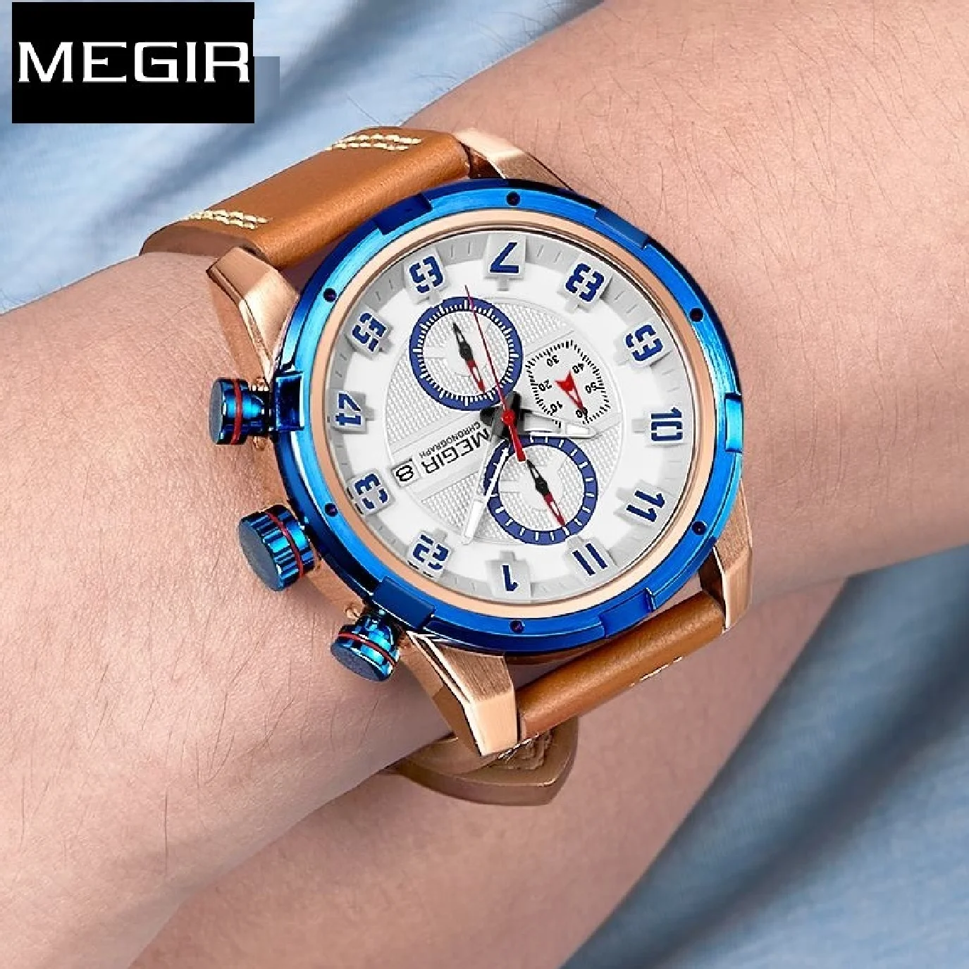 

MEGIR Original Men Creative Chronograph Sport Watch Clock Leather Quartz Male WristWatch Time Army Date Military 3D Dial Relogio