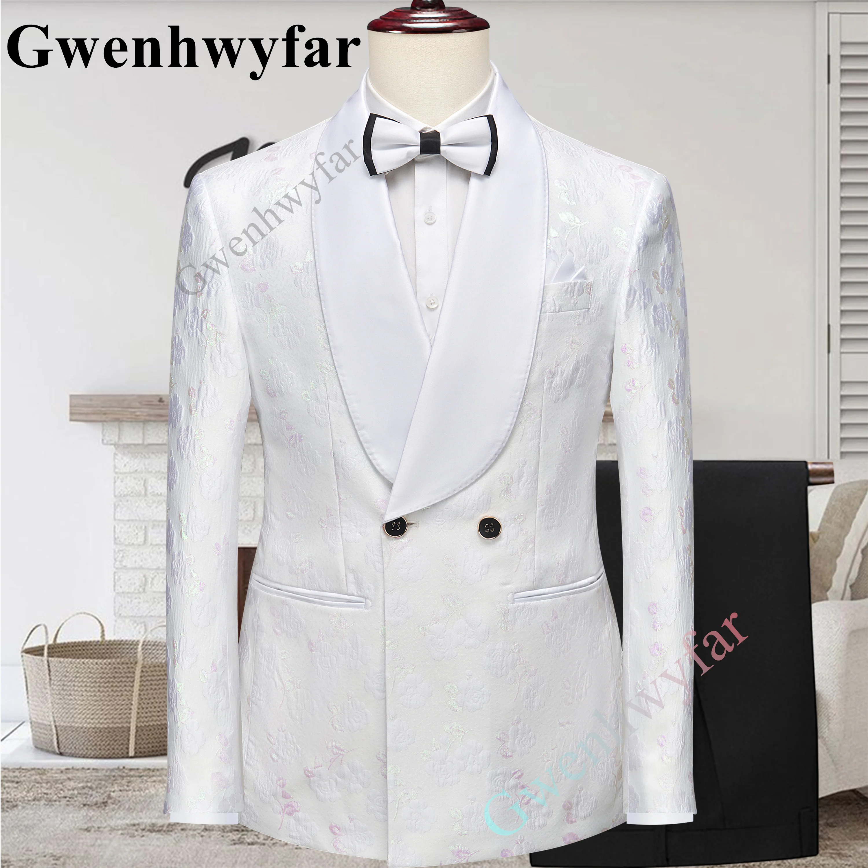 

Gwenhwyfar White Luxury Fabric High Quality 2 Buttons Groomsmen Notch Lapel Groom Tuxedos Men Suits Wedding/Prom Best Men Blazer