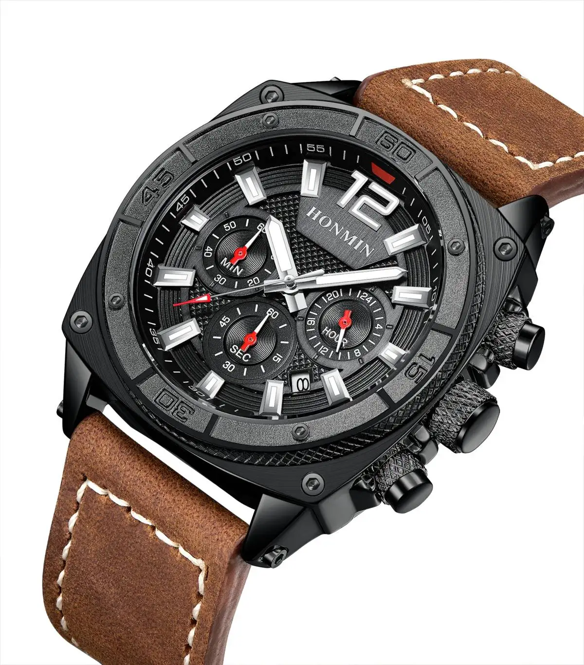 

HONMIN Brnad Mens Watches New Quartz High Quality Stainless Steel Case Multifunctional Dial Outdoor Waterproof Military Watch