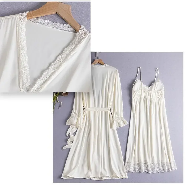 Комплект женский кружевной из халата и атласной рубашки ночная рубашка кимоно