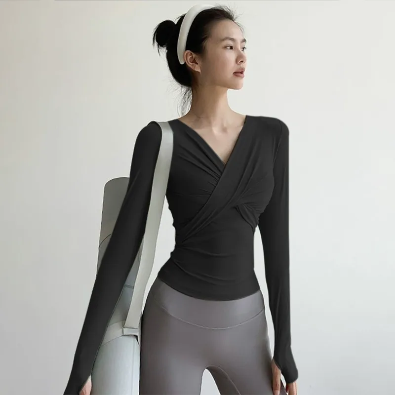 Быстросохнущие женские футболки для йоги с перекрестными длинными рукавами