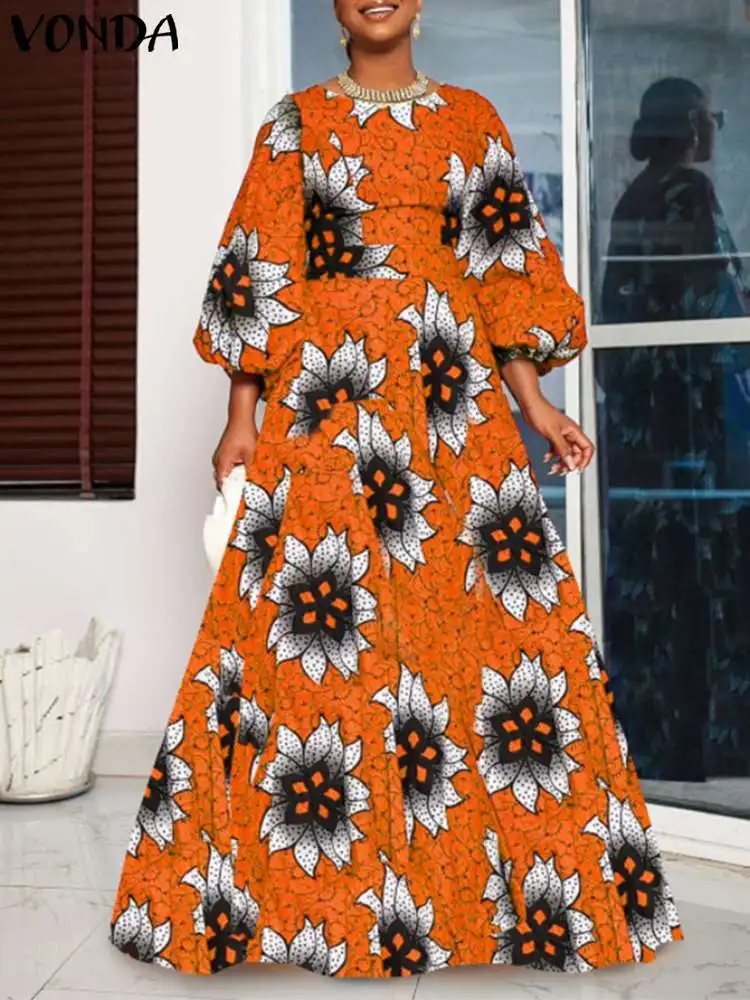 

Bohemian Floral Print Long Dress 2023 VONDA Summer Robe Femme Women Round Neck Three Quarter Sundress Bohemian Vestidos Oversize