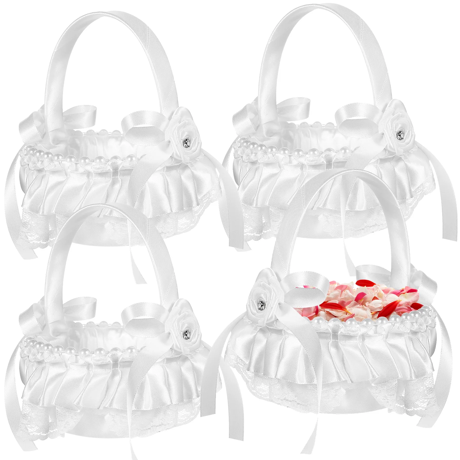 

4 Pcs Flower Girl Basket Decorative White Baskets Weddings Small Children Ribbon
