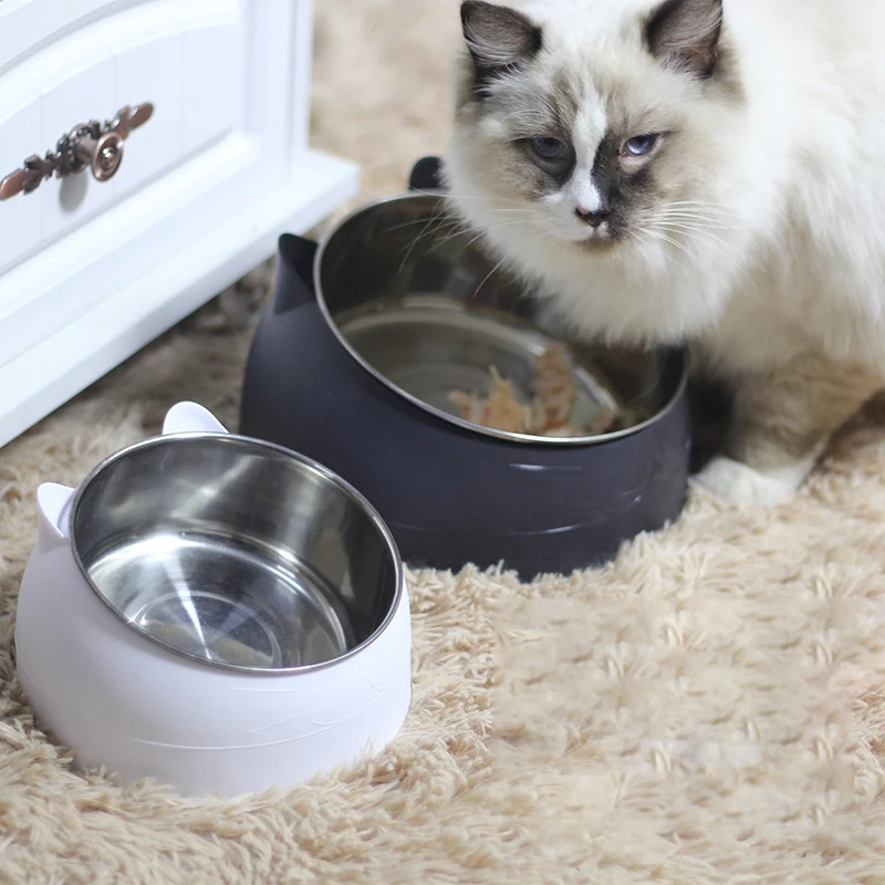 

Cat Dog Bowl Tilted Stainless Steel Cat Food Container Non-slip Base Pet Water Feeder Safeguard Neck Puppy Cats Bowls Supplies