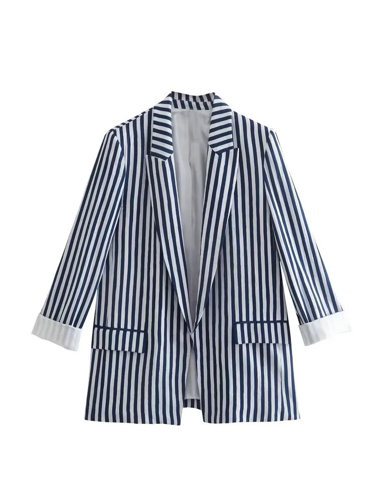 

Женский пиджак в полоску, повседневный свободный блейзер с карманами, элегантная верхняя одежда для улицы, лето 2022