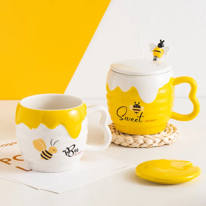 

450ml Creative Ceramic Mug with Lid Cartoon Cute Bee Mug Office Coffee Cup Practical Advertising Gift Cup