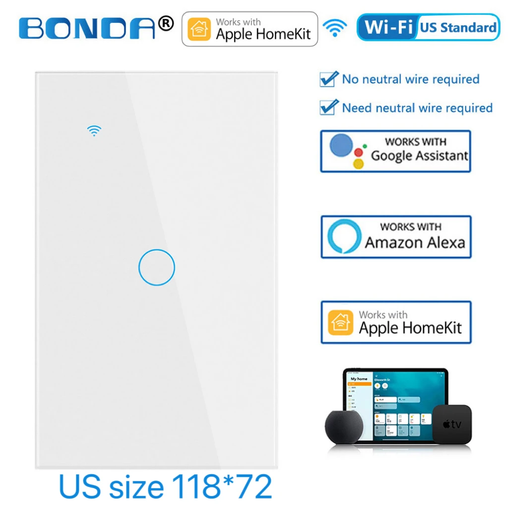 

Сенсорный умный выключатель BONDA Wi-Fi для Apple HomeKit