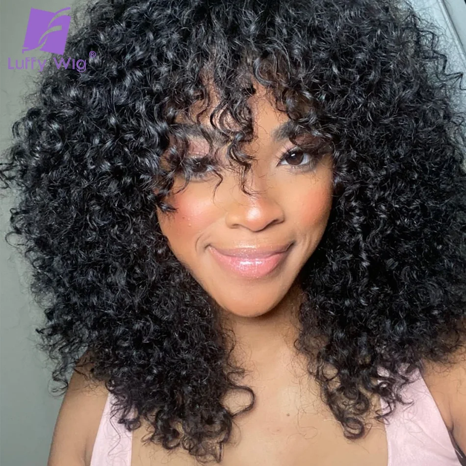Short Curly Wigs with Bangs Human Hair Glueless Remy Brazilian Curly Bang Wig O Scalp Top Full Machine Made Wig for Black Women
