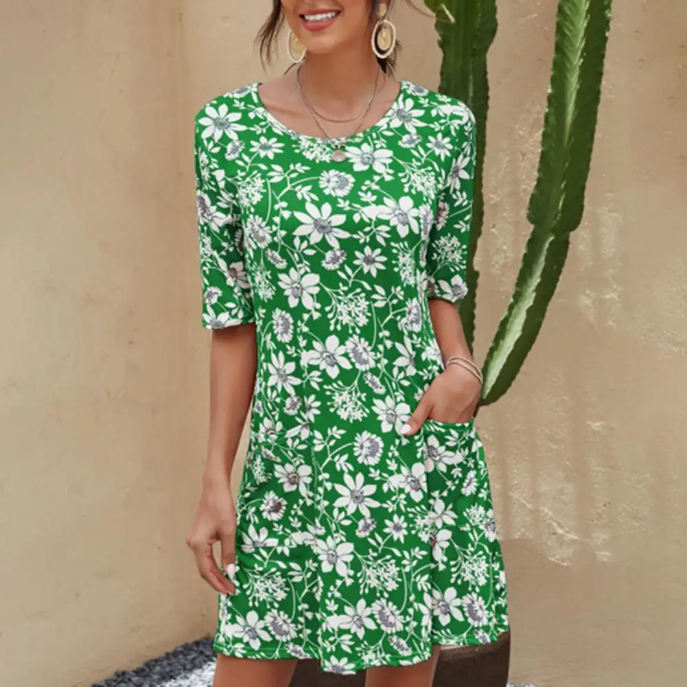 

S - 5XL Women Summer Dress O-Neck Half Sleeve Loose Hem Elegant Floral Pattern Pocket Holiday Beach Mini Dress Vestidos