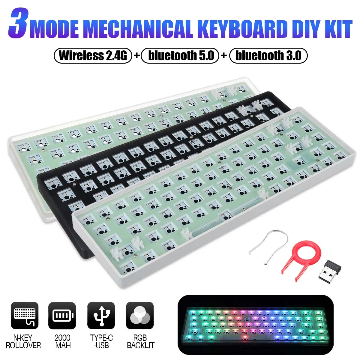 

S68 Mechanical Keyboard DIY Kit 3 Connection Mode bluetooth / 2.4G / Wird Music Sync RGB Gaming Keyboard for PC Laptop Computer