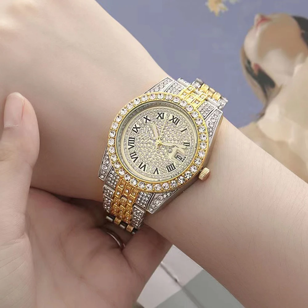 5Pcs Women Watch Luxury Full Diamond Elegant Quartz Watches For Ladies Retro Simulation Color Gemstone Party Jewelry Sets