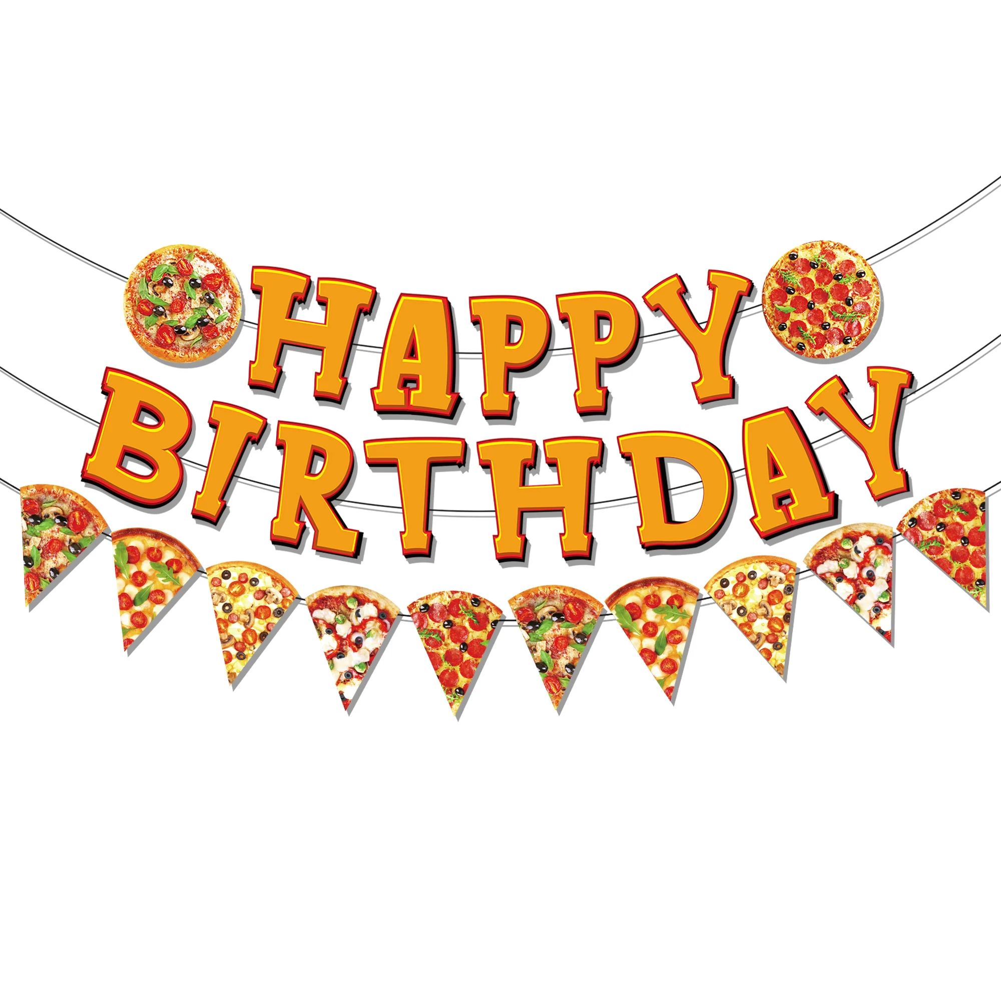 

Delicious Food Pizza Happy Birthday Hanging Banner Wall Bunting Flags Baby Shower Birthday Party Camping Picnic Backdrop Decor