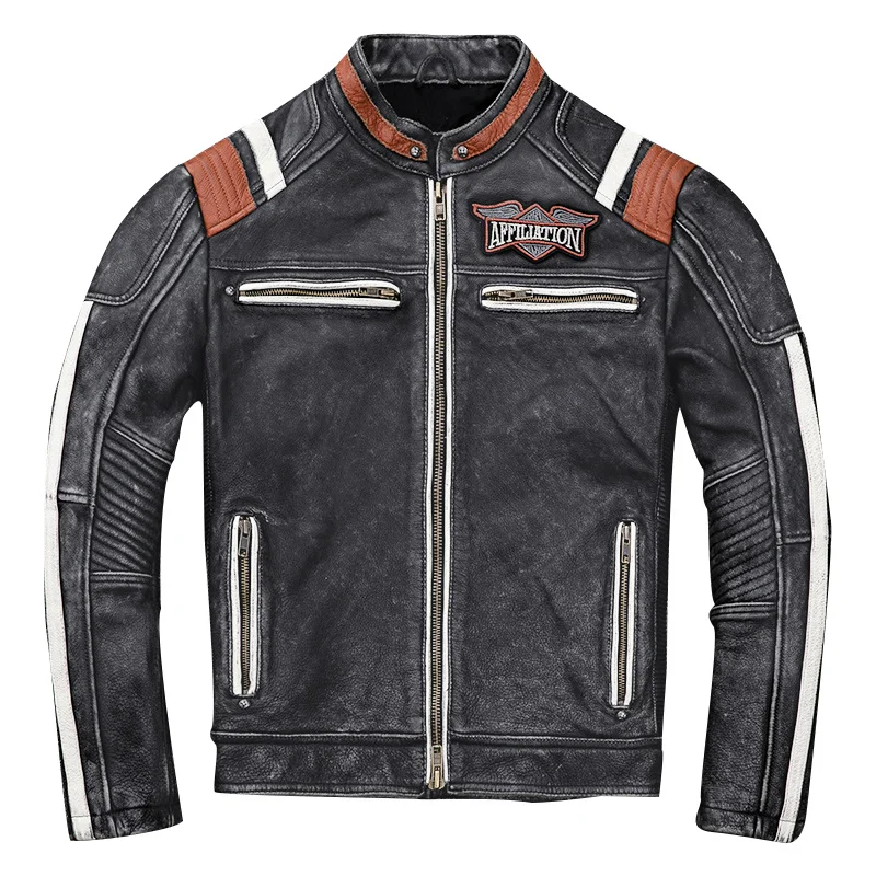 

Винтажный верхний слой из воловьей кожи, высококачественный графит, потертый, телячья кожа, кожаный жакет, осенняя новая приталенная куртка