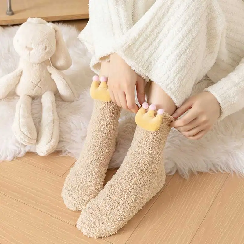 Женские Бархатные Носки Кораллового Цвета Толстые Теплые Противоскользящие