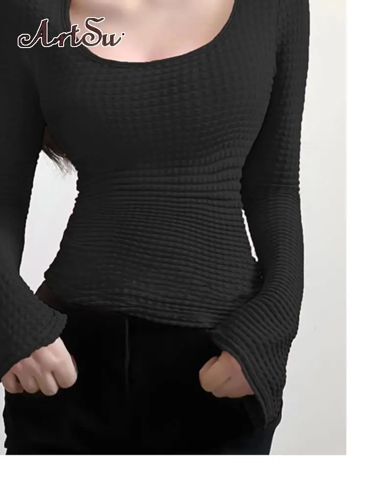 

Artsu женский прозрачный укороченный топ y2k, расклешенный длинный рукав, облегающая Асимметричная Милая футболка, повседневная корейская мода для девушек ASTS86397