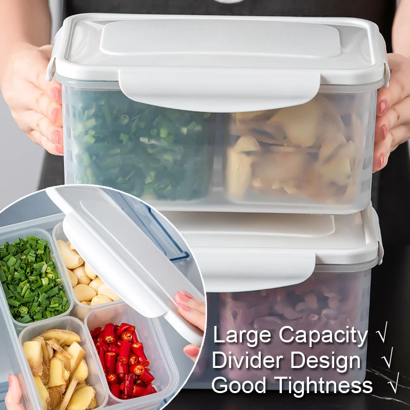 

Large Freezing Storage Box Kitchen Refrigerator Fridge Organizer Frozen Meat Compartment Box (4 Grid Removable, Microwave Safe)