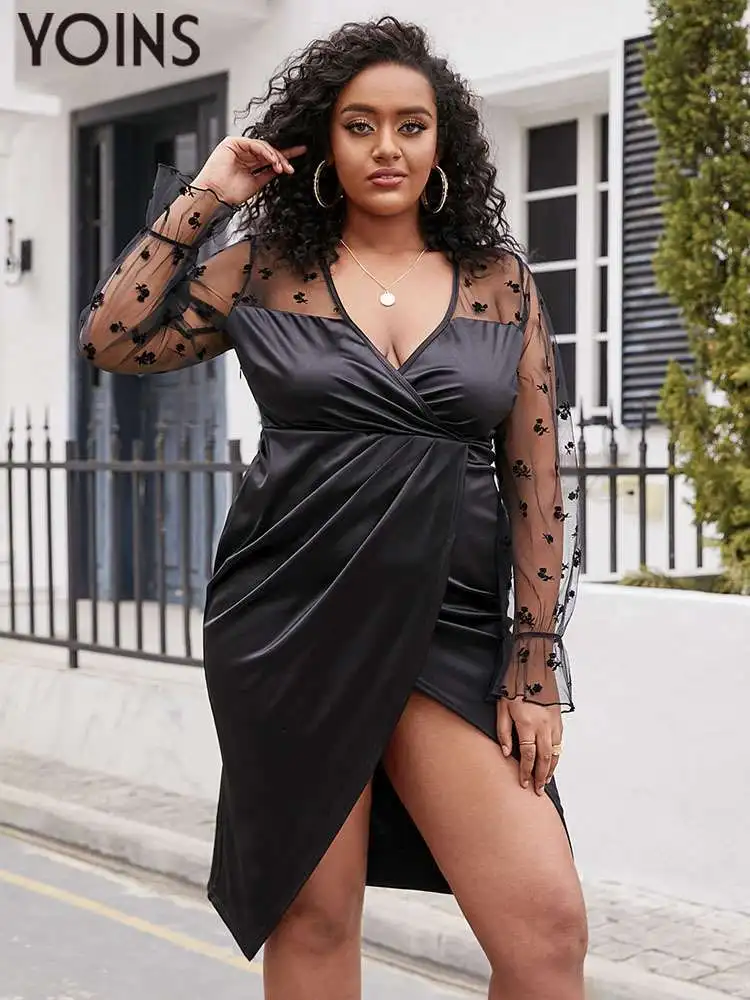 

YOINS Sexy V Neck Black Lace Patchwork Party Elegant Dress 2022 Summer Women Long Sleeve Pleated Asymmetrical Evening Vestidos