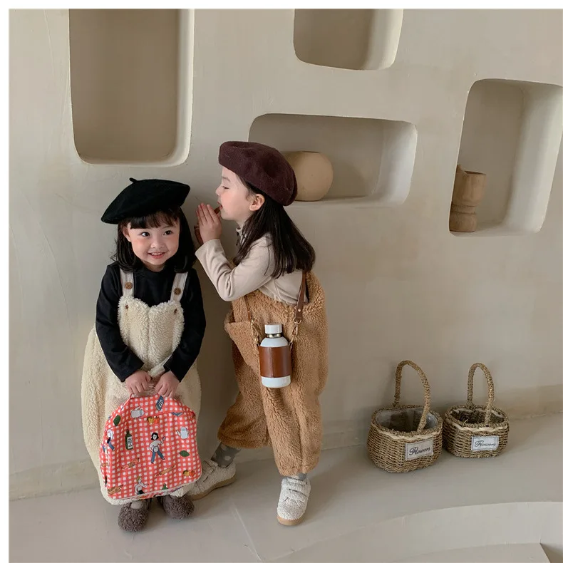 

Children Clothing 2022 Autumn Winter Overalls Boys and Girls Woolen Pants Big Pocket Baby Casual Pants Velvet Warm LOOSE Pants