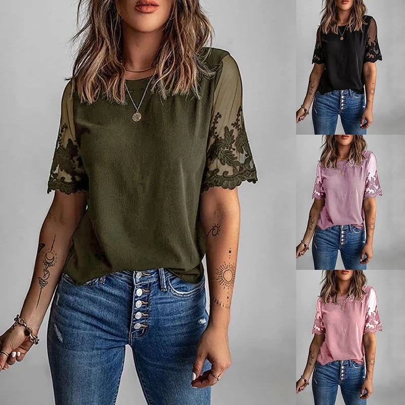 

2022 women's new summer lace stitching round neck short sleeve top