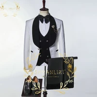 white suits for men 2022 original photo 3 piece costume homme floral coat double breasted vest black pant with stripe groom suit