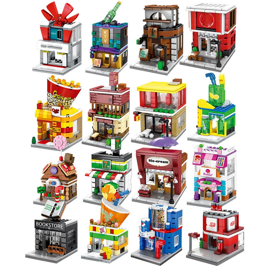 Набор строительных блоков для розничного магазина города улицы гамбургера пиццы