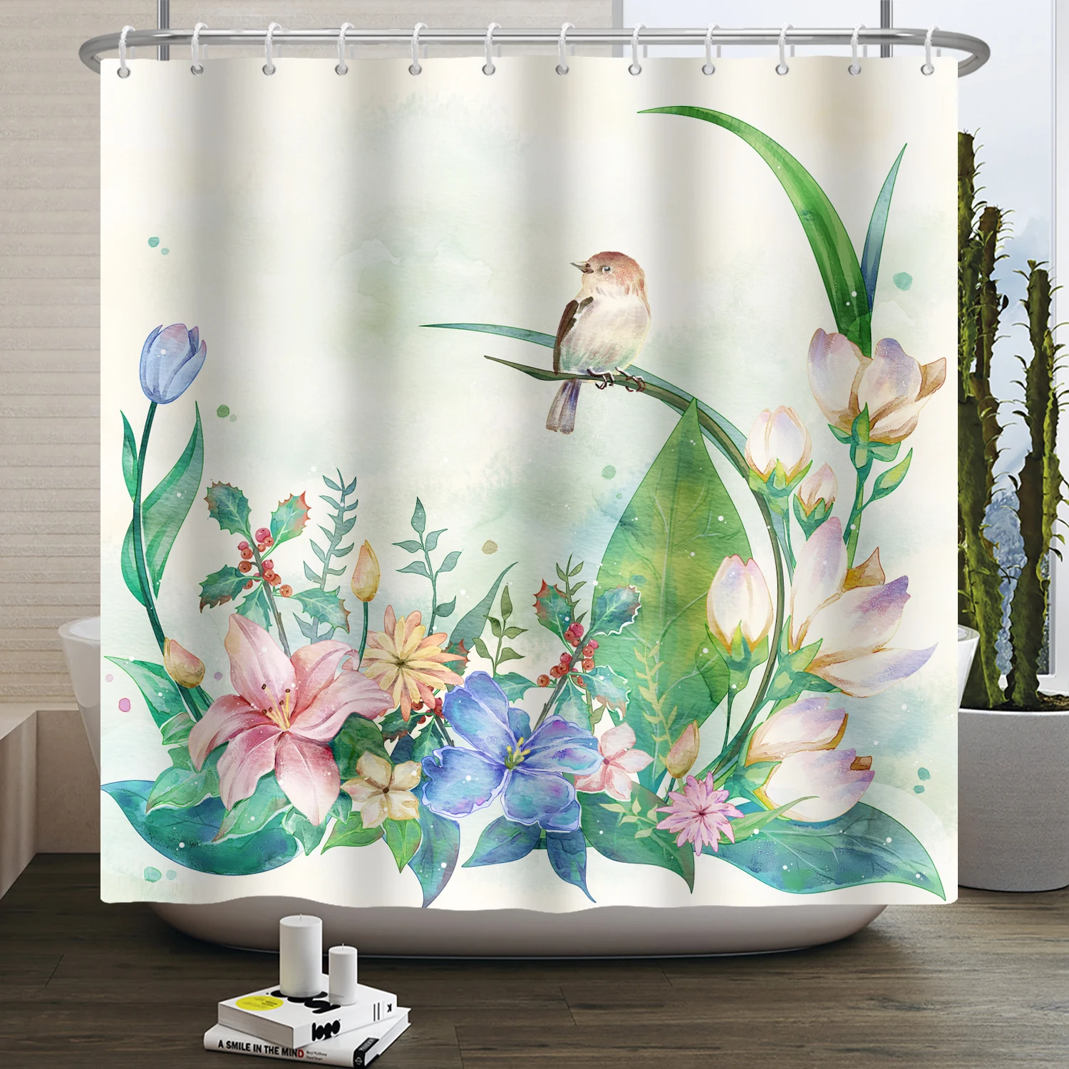 

Занавеска для душа с акварельными цветами и птицами, набор для ванной комнаты, современный весенний цветок Колибри, домашний декор для ванной комнаты с крючками
