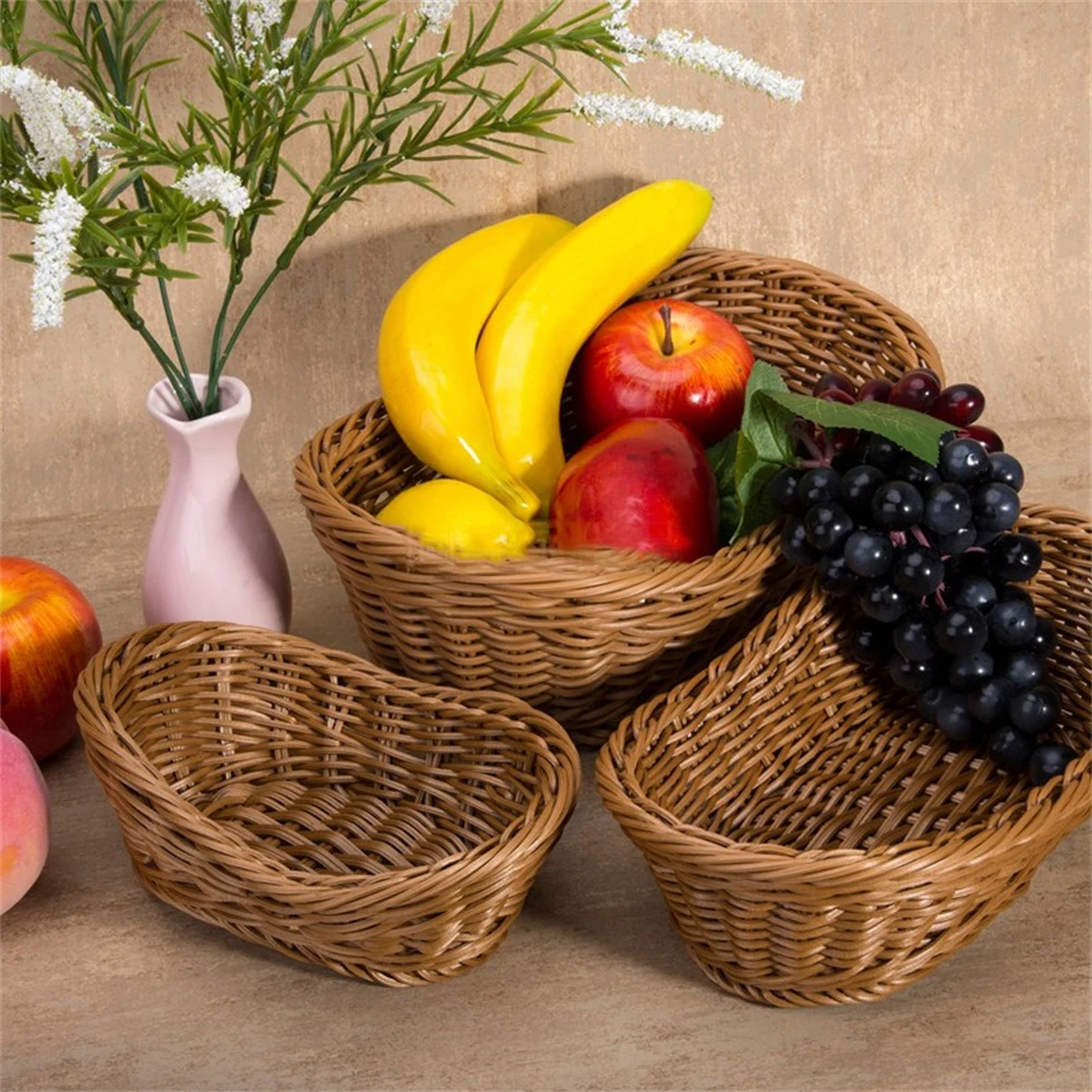 

Rattan Storage Tray With Handle Round Wicker Basket Bread Food Plate Fruit Cake Platter Dinner Serving Tray KitchenStorage