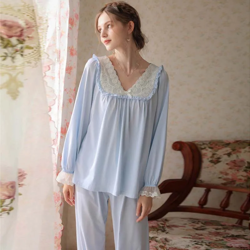 Roseheart Blue Sexy Women Sleep Nightwear Suits V Neck Night Lace Bow Cotton Pajama Sets Sleepwear 2 Pieces Shorts Homewear