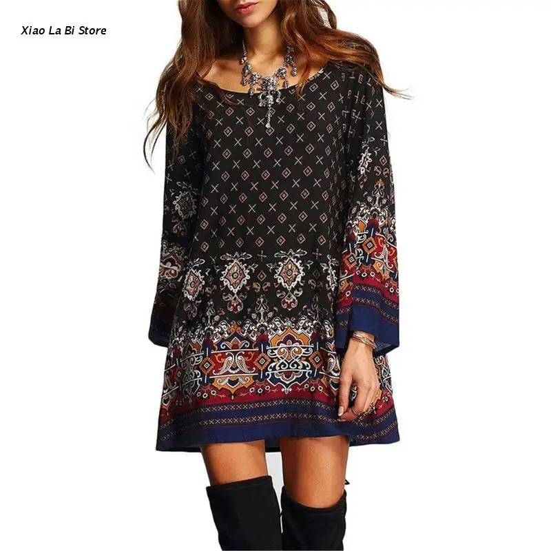 

XXFD Women's Baroque Ethnic Print Dress Plus Size Midi Dress Chic Chiffon Beach Dress Loose Sleeves Party Dress Holiday Dress