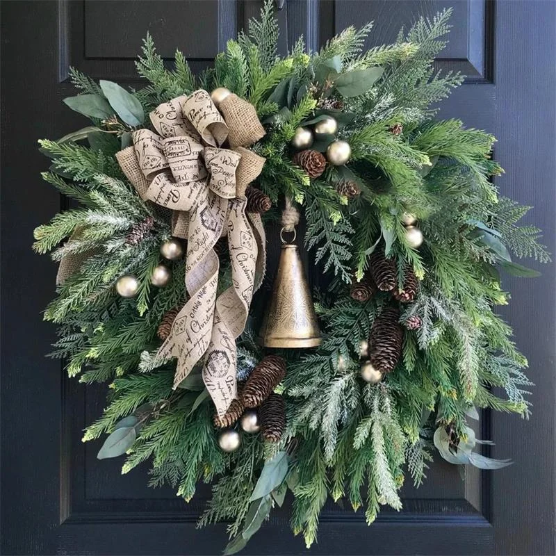 

Rattan Pine Cone Bells Wreath Holiday Farmhouse Ornament Bohemian Wreath Door Decoration New Year Gift Christmas Decoration