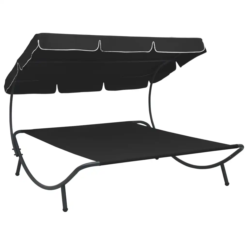 Sun Lounger Bed with Canopy,Oxford fabric & steel Outdoor Recliner Chair, Patio Furniture Black 200 x 173 x 135 cm