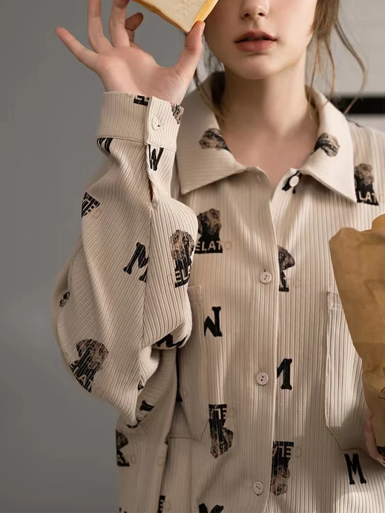 

Autumn Winter New Women Sleepwear Printing Letter Leisure Clothes Long-Sleeved Set Loose Fashion Pajamas Suit Ladies Homewear