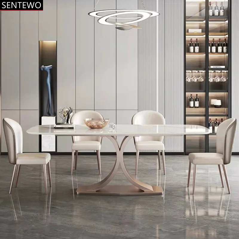 

SENTEWO Free Shipping Nordic Rock Slab Dining Table Set 4 Chairs Luxury Custom Rose Gold Frame Dinning Tables Kitchen Furniture