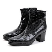 Christia Bella Fashion Snakeskin Pattern Men High Heel Boots Black Genuine Leather Man Party Boots Plus Size Men Ankle Boots