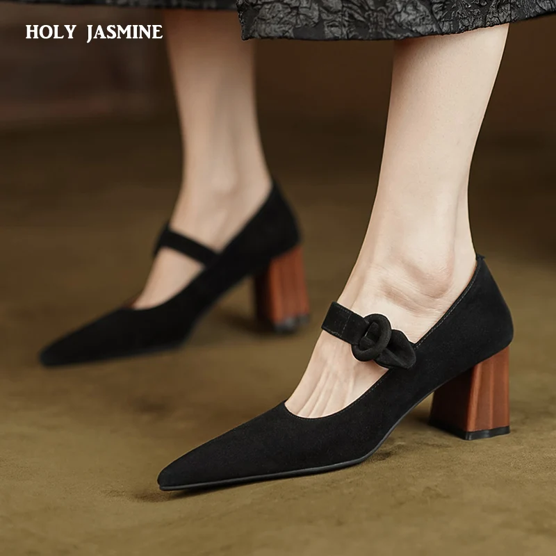 

2023 New Plus Size 34-40 New Suede Leather Women Pumps Mary Janes Chunky Med Heels Spring Summer Ladies Party Dress Shoes