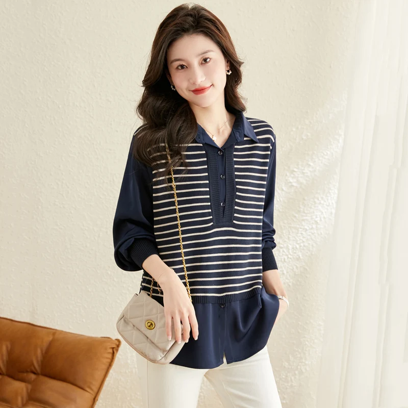 Весна 2023 Вязаный топ из двух частей Женская полосатая блузка в западном стиле с