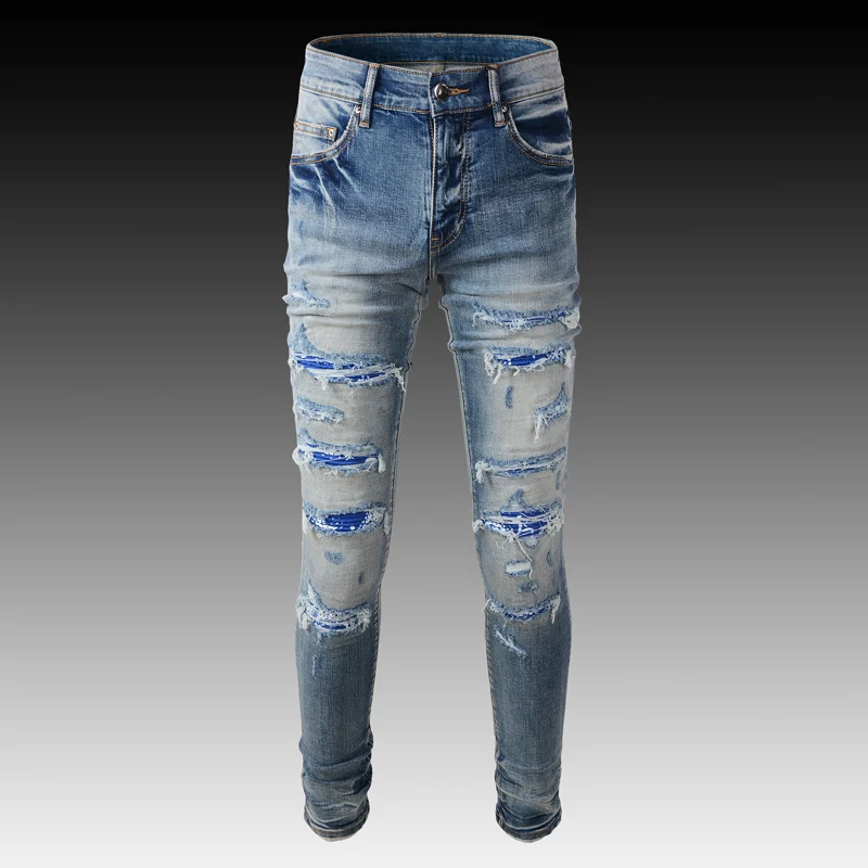 Fashion Streetwear Men Jeans Light Blue Elastic Slim Fit Destroyed Ripped Jeans Men Patched Designer Brand Hip Hop Punk Pants