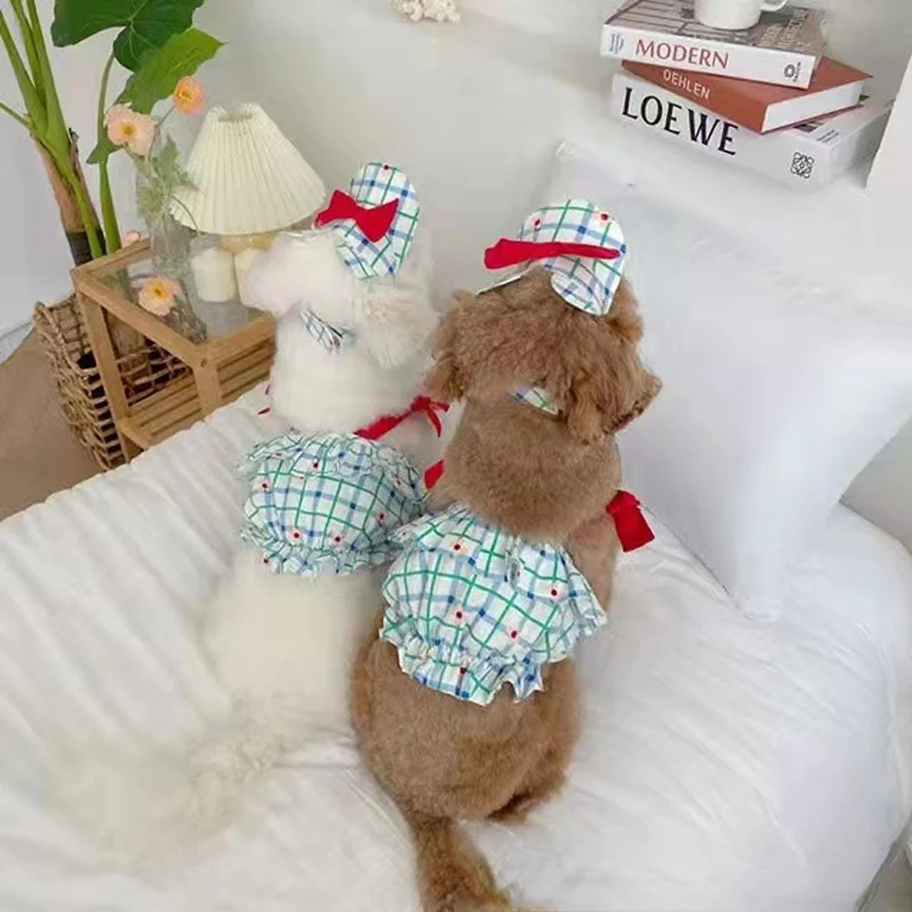 

Spring Summer Pet Plaid Camisole Cute Rabbit Sun Hat Dog Clothes Plaid Camisole Teddy Yorkshire Schnauzer Maltese Puppy Clothes
