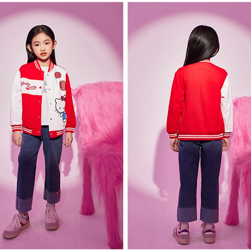 Hellokitty Girls Cute Coat 2023 Spring Kawaii Sanrio New Girls Cartoon Embroidery Knitted Baseball Jacket Baby Sportswear images - 6