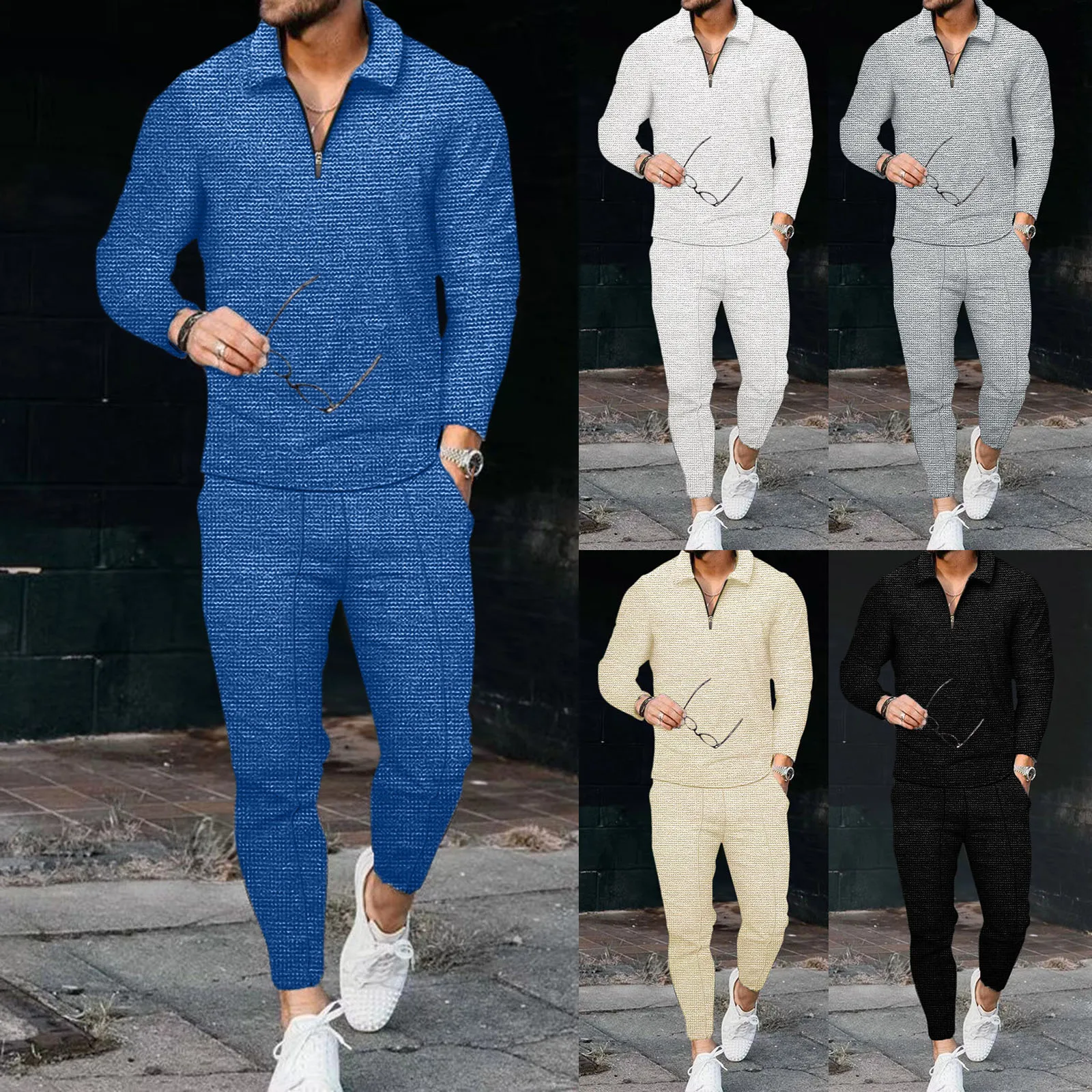 2023 New Spring and Autumn Men's Lapel Cotton Blend POLO Shirt Suit Men's Casual Solid Color Sportswear Long Sleeve 2-Piece Set