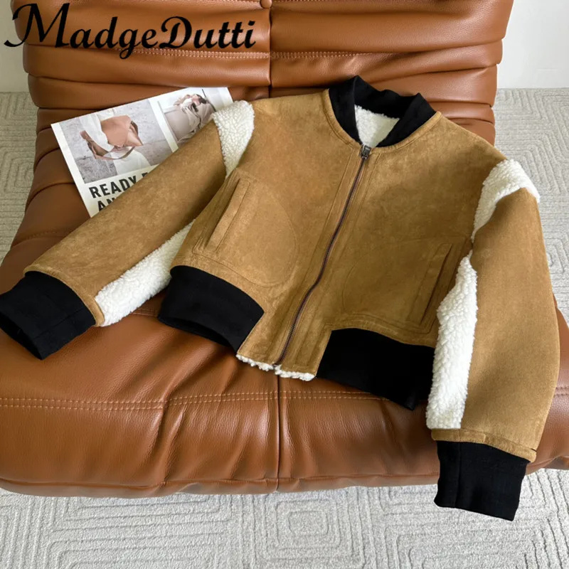 

Женская короткая бейсбольная куртка MadgeDutti, теплая плюшевая Лоскутная куртка контрастных цветов с меховым воротником-стойкой, 12,7
